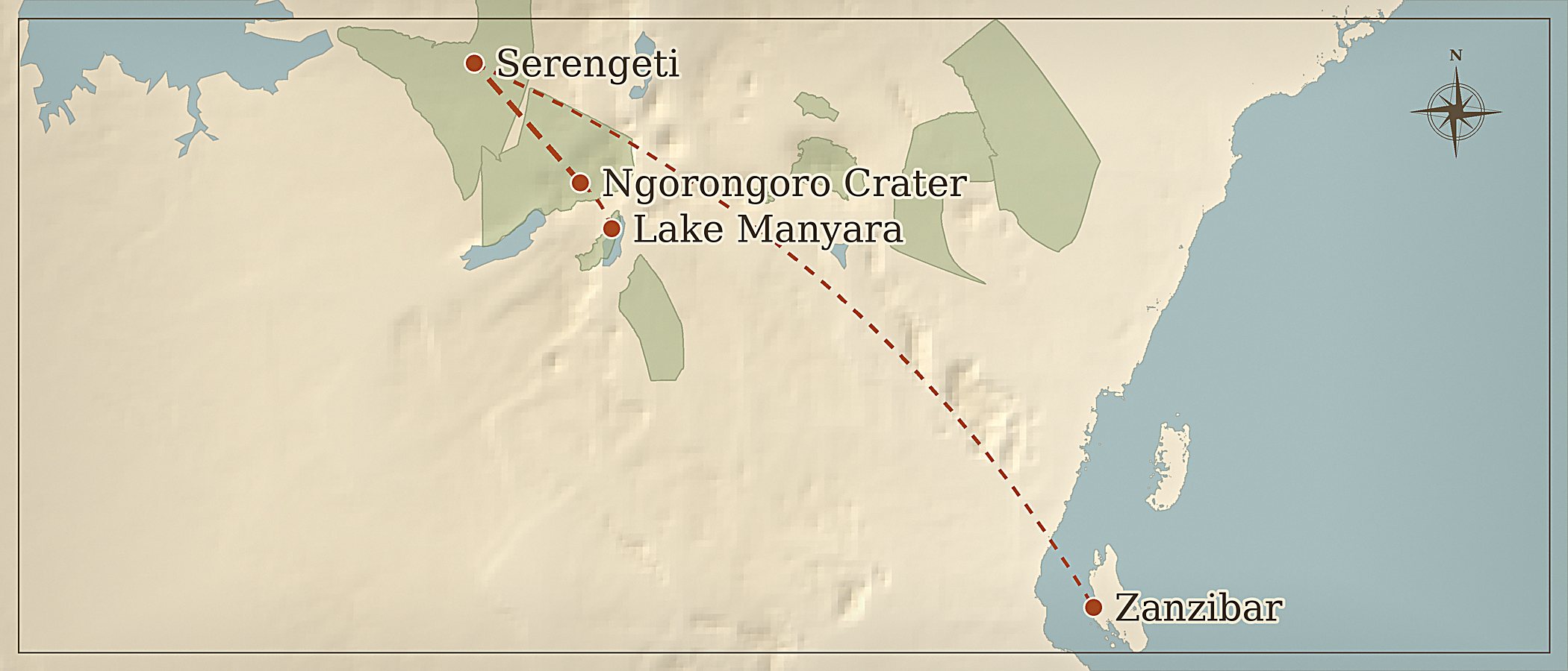 Mapa da rota — Safari de 10 dias (incluindo Serengeti) e extensão de Zanzibar