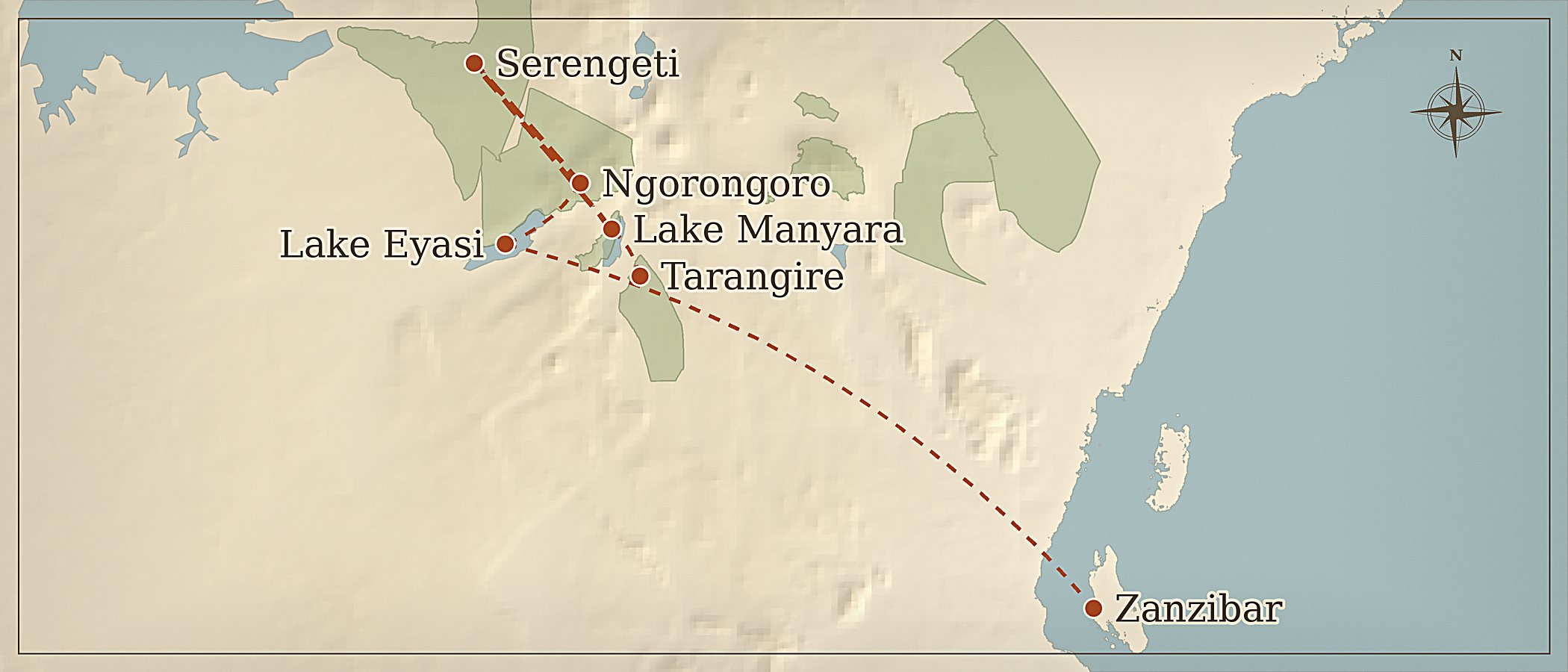 线路地图 — 11-Day Tanzanian Safari with Zanzibar Extension