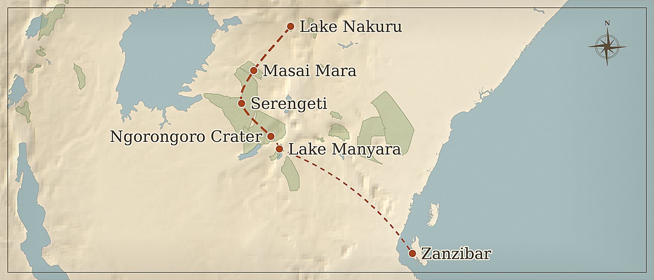 Route map — 13-Day From Kenya to Tanzania and Zanzibar