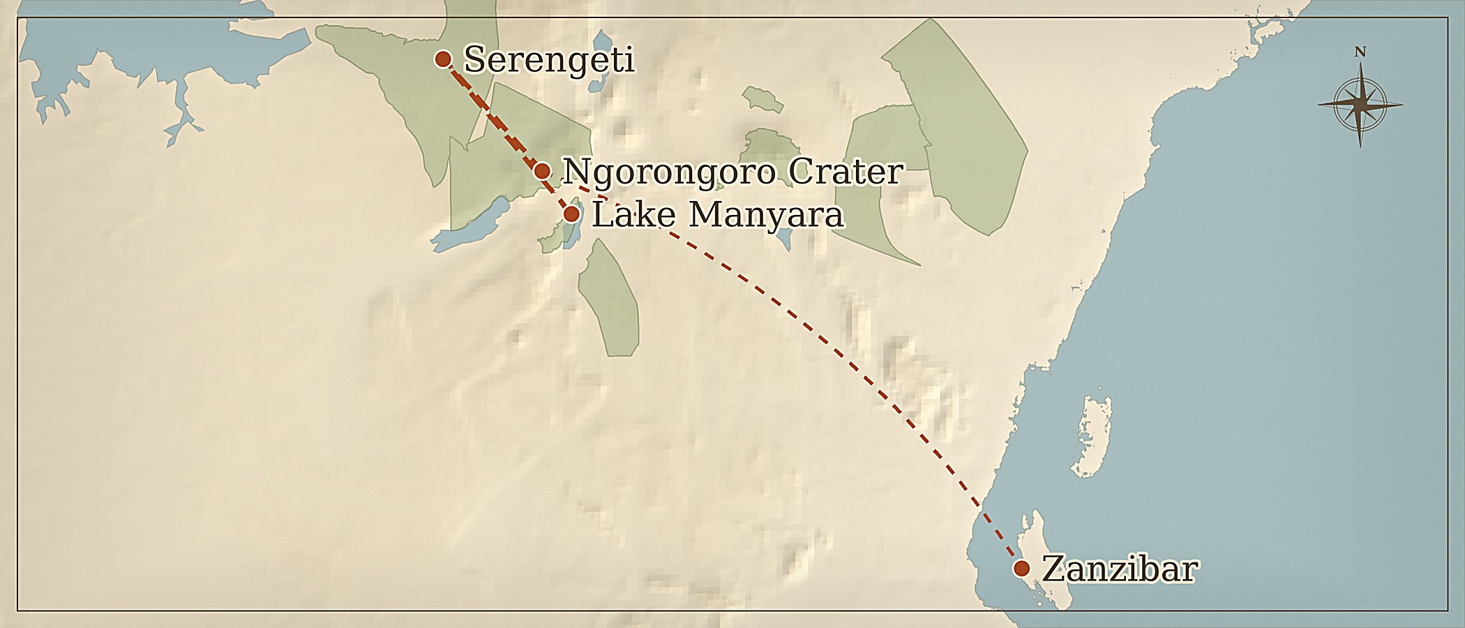 线路地图 — 8-Day Safari (Including Serengeti) & Zanzibar Extension
