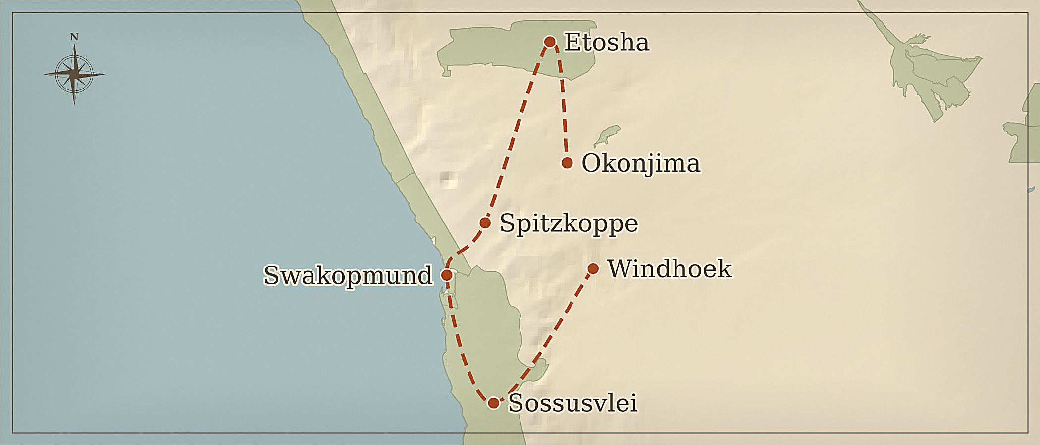 Mapa de la ruta — Safari Fotográfico Standart por Namibia
