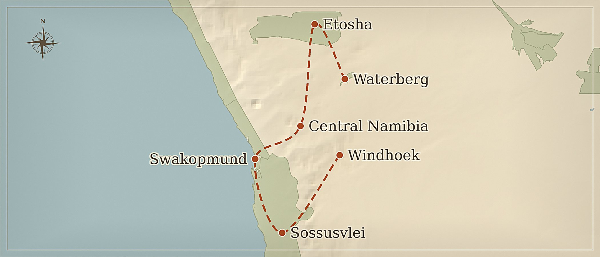 Mapa da rota — Namibia Safari Fotográfico Standart
